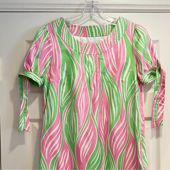 Lilly Pulitzer Silk Mini Dress Size 4 Pink Green Leaf Print Tie Short Sleeve - Picture 7 of 14